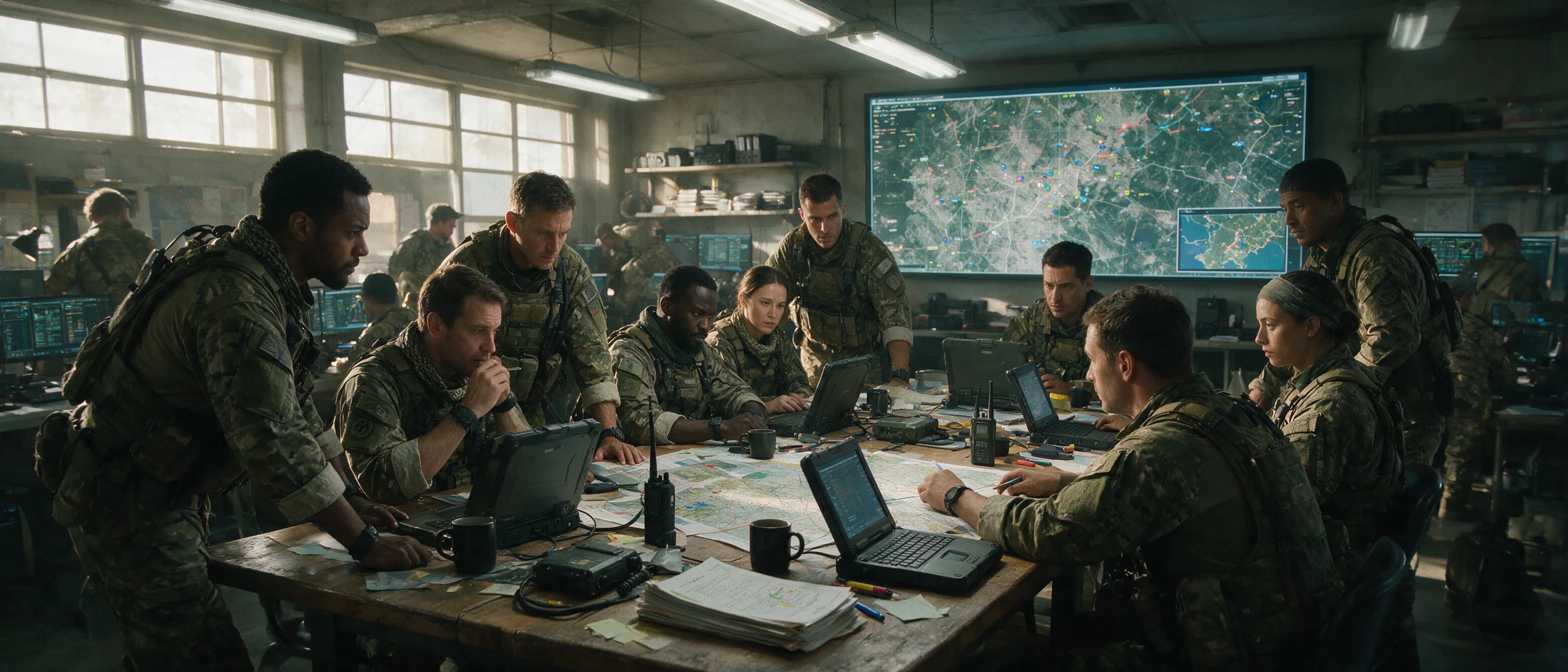Military staff gathered around a map-covered table in an operations room, working laptops and radios beneath a large digital terrain display