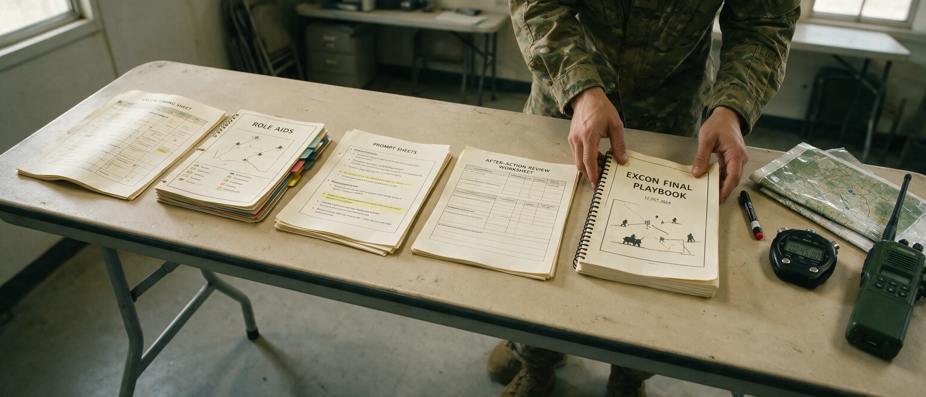 Controller package documents laid out in sequence on a folding table — timing sheet, role aids, prompt sheets, review worksheet, and playbook — with stopwatch and radio nearby