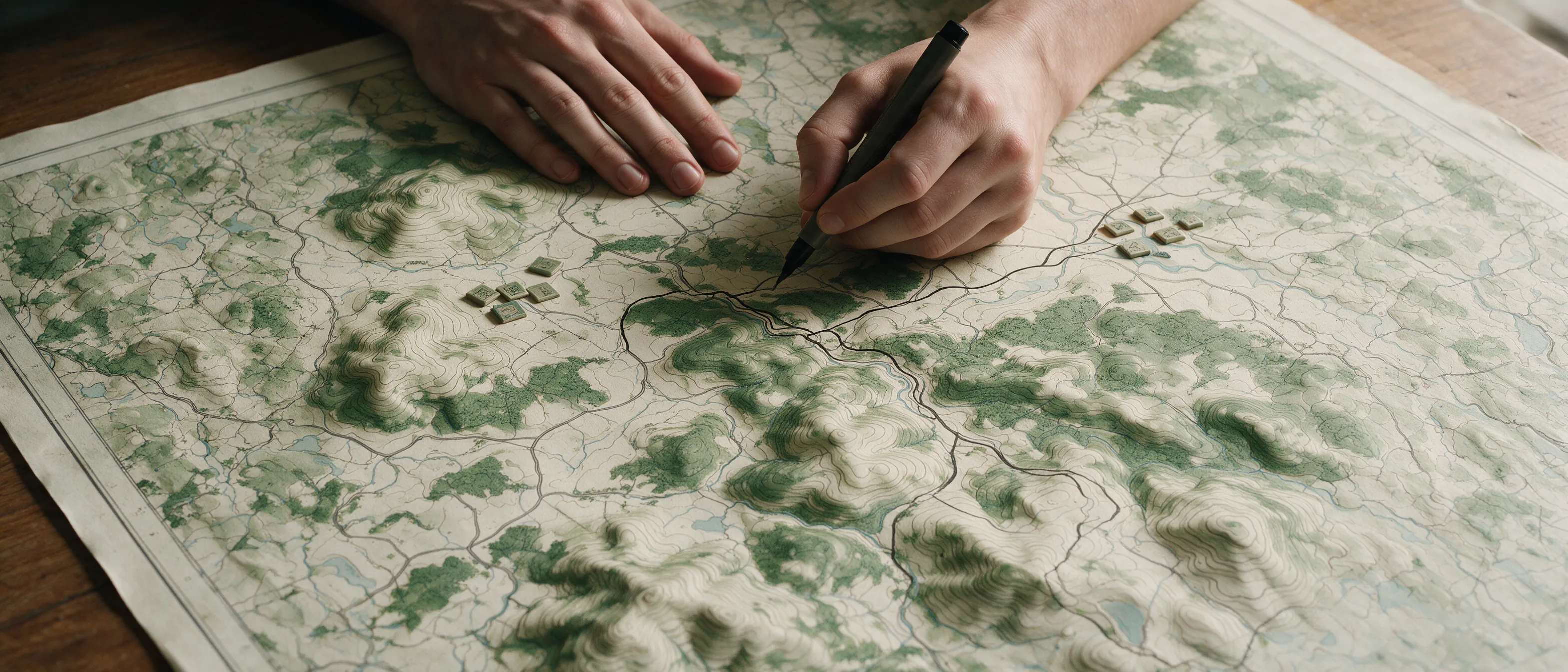 Hands drawing a route on a topographic terrain map with a marker, unit tokens placed nearby