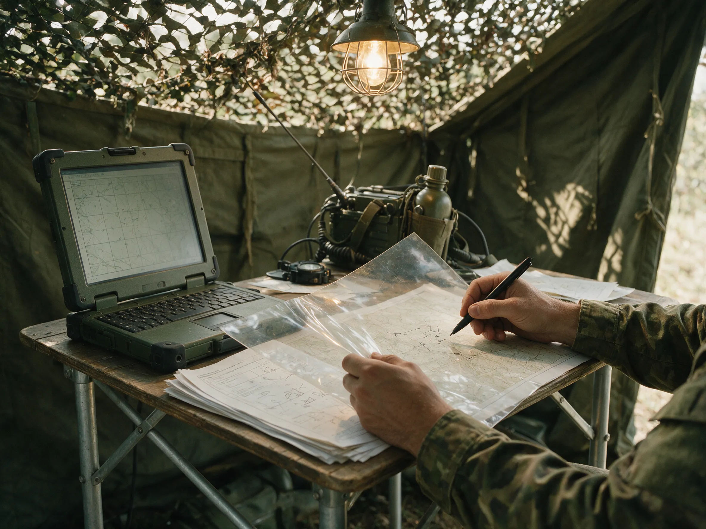 Soldier annotating an acetate map overlay at a field command post table, rugged laptop and radio under camouflage netting